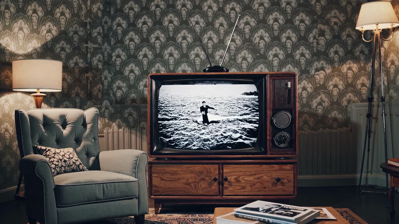 Retro-olohuone, jossa on retro-TV näyttämässä staattista videota