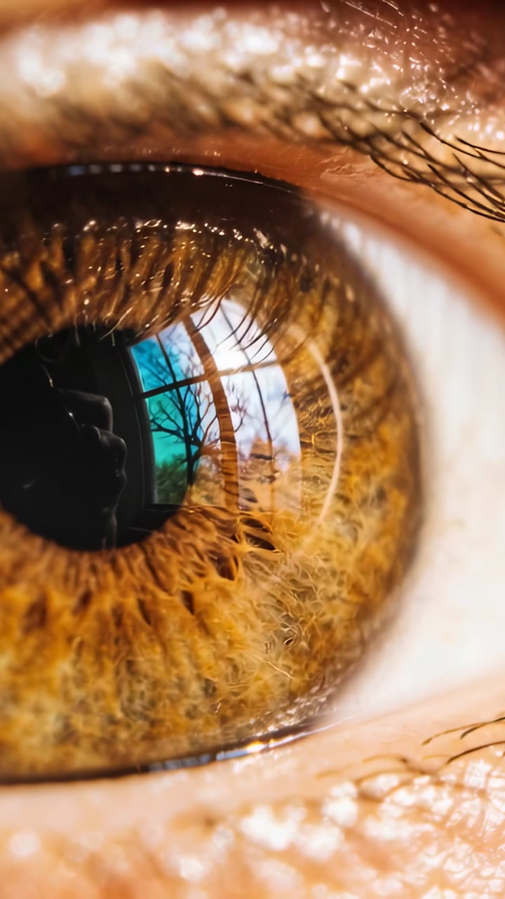 Reflected figure holding phone nudging pupil reflection corneal glints tracing iris for photography