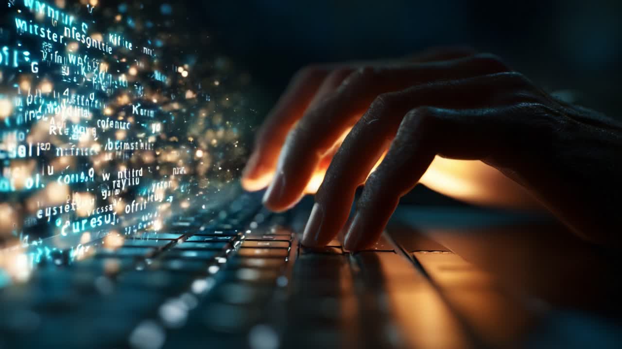 A Close-Up of a Hand Engaged in Typing on a Laptop Keyboard with an Emphasis on Digital Code and Particles, Highlighting Technology and Data Interaction