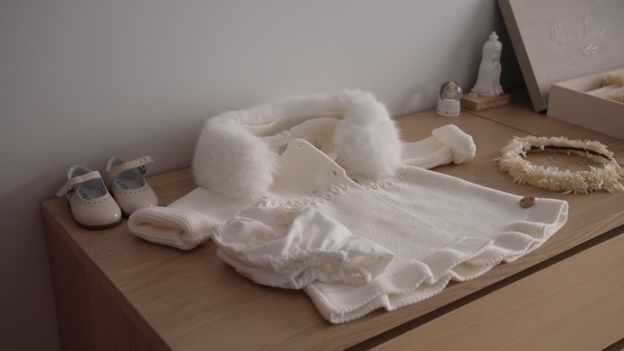soft cream colored baby clothes and shoes neatly arranged on wooden dresser
