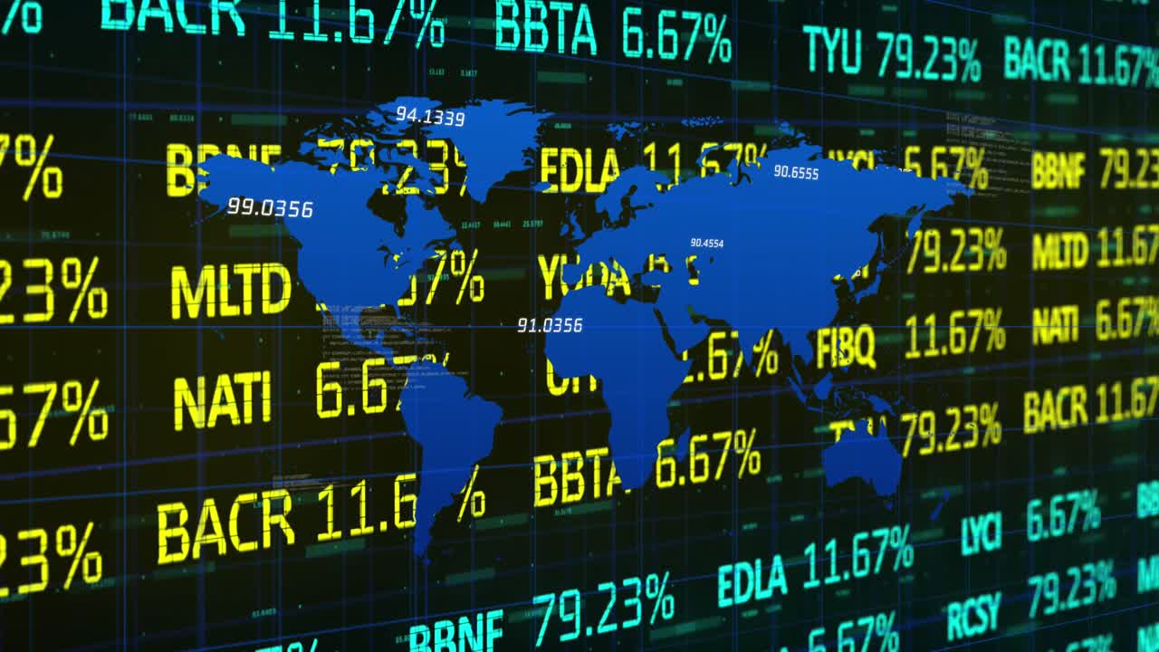 Animation of trading board over digits and computer language on map against abstract background