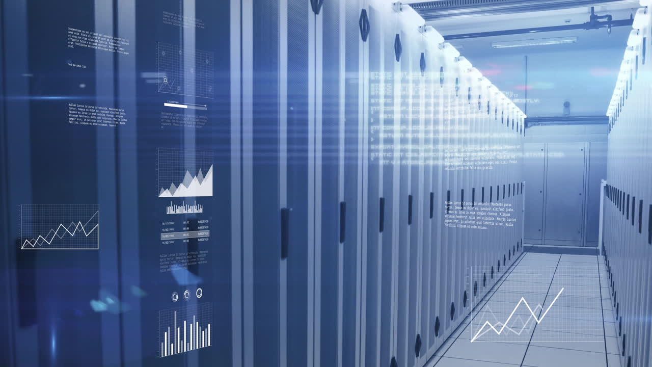 animación de procesamiento de datos sobre racks de servidores en el centro de datos moderno