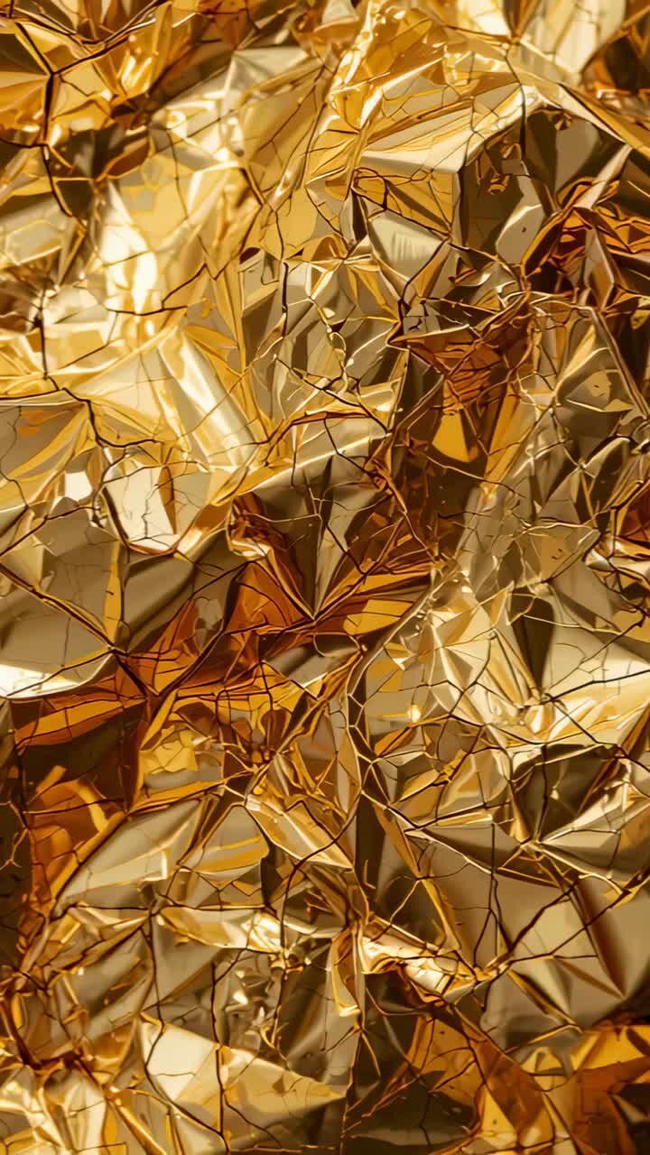 Vertical video: Shifting camera revealing crumpled gold foil in studio, revealing moving highlights