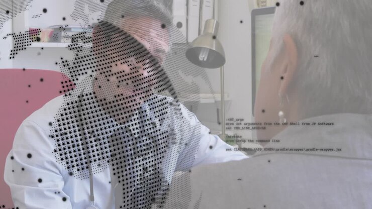 Digitalt verdenskort-overlay, der skifter og viser en læge, der læner sig ind for at lytte og forklare medicinske resultater