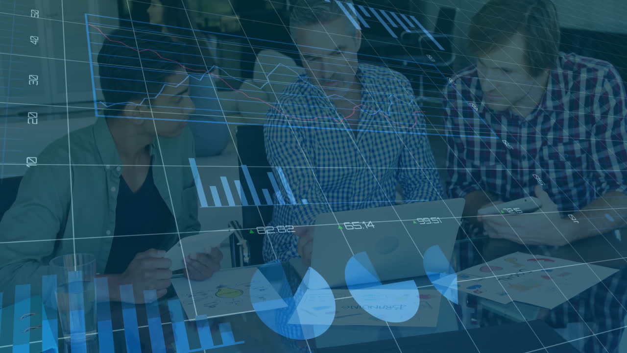 Financial data charts animation over business people working in office