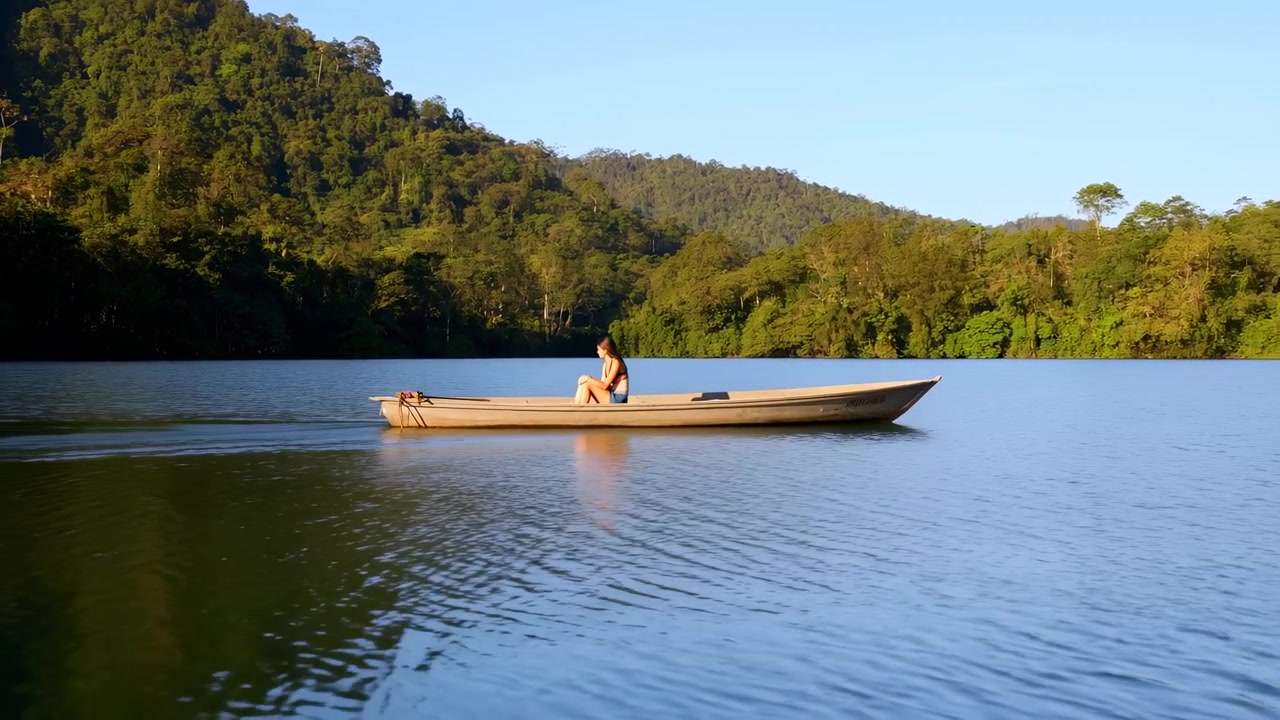 Una vista laterale mostra una donna seduta che viaggia costantemente attraverso acqua blu riflettente in una barca sottile, mentre le increspature si diffondono dietro di lei e colline boscose illuminate dal sole riempiono la riva distante.