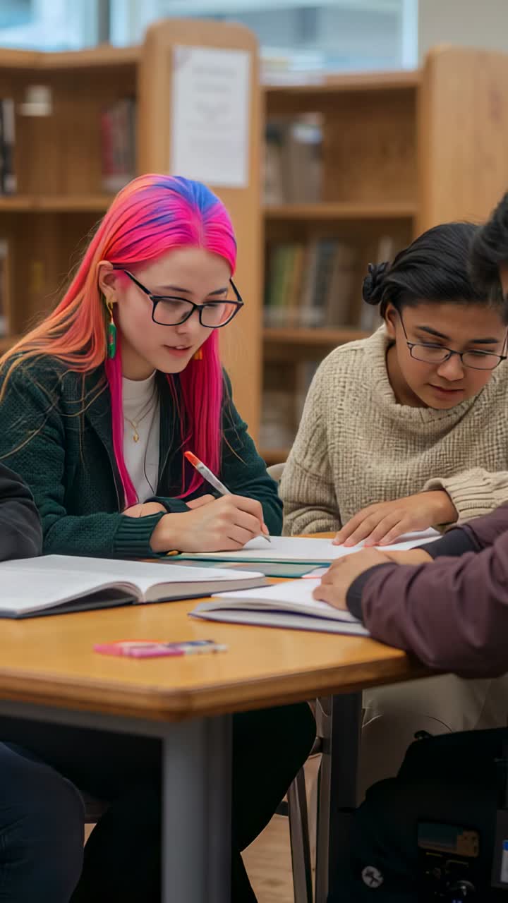 Vertical video: Notebook opening, pink student in cardigan writing notes in library, peer studying
