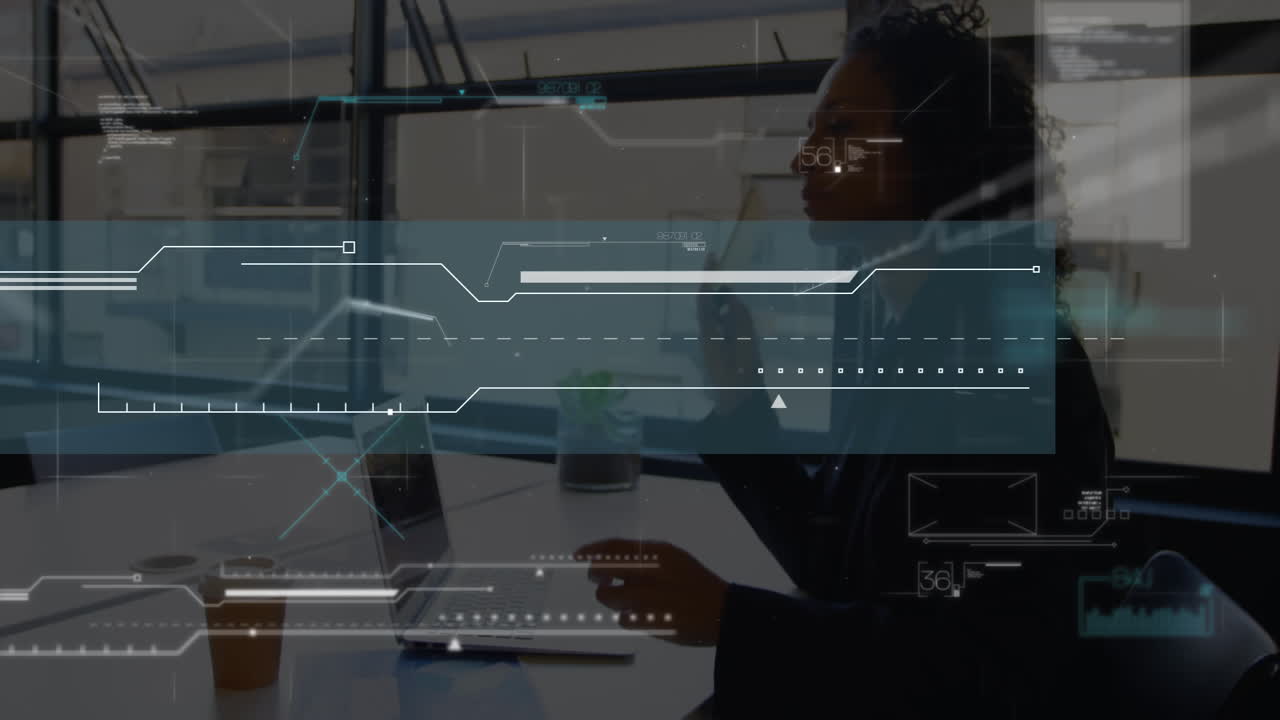 Animation of financial data processing over businesswoman using tablet