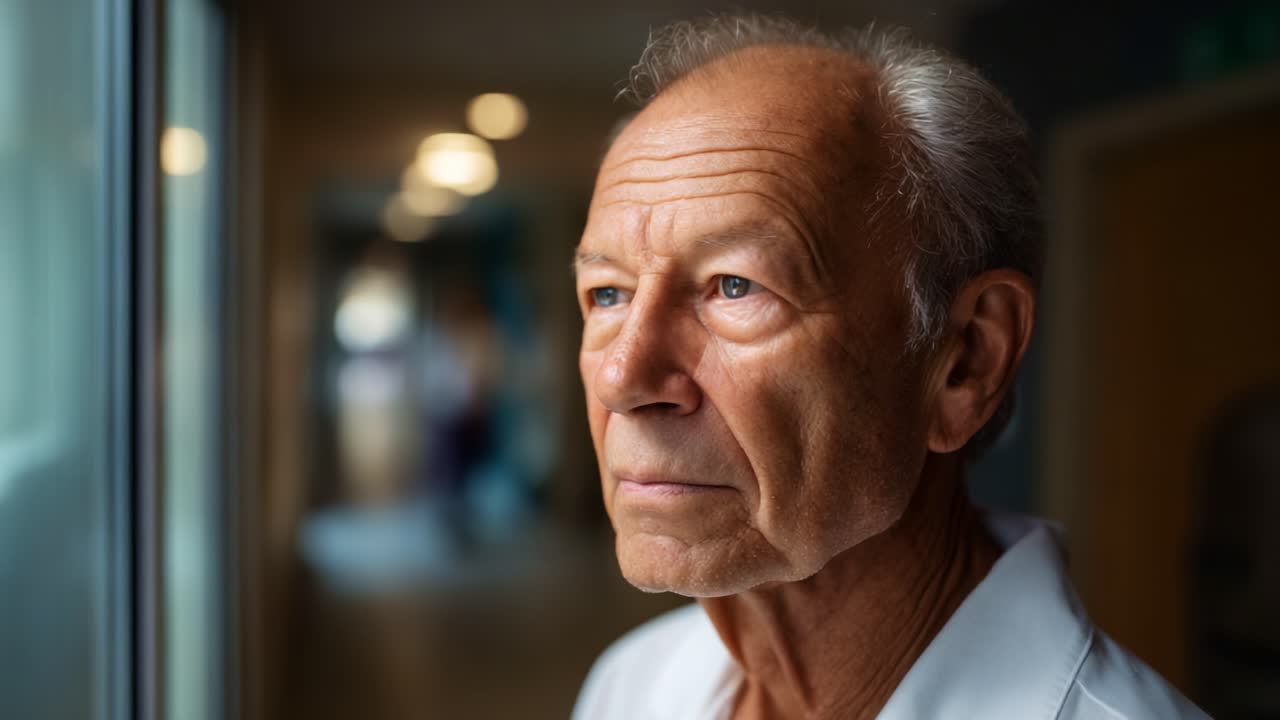 A thoughtful elderly man gazes out of the window, reflecting on life as natural light illuminates his contemplative expression in a serene environment