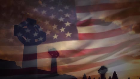 animación de cruces de cementerio sobre la bandera ondeante de los estados unidos