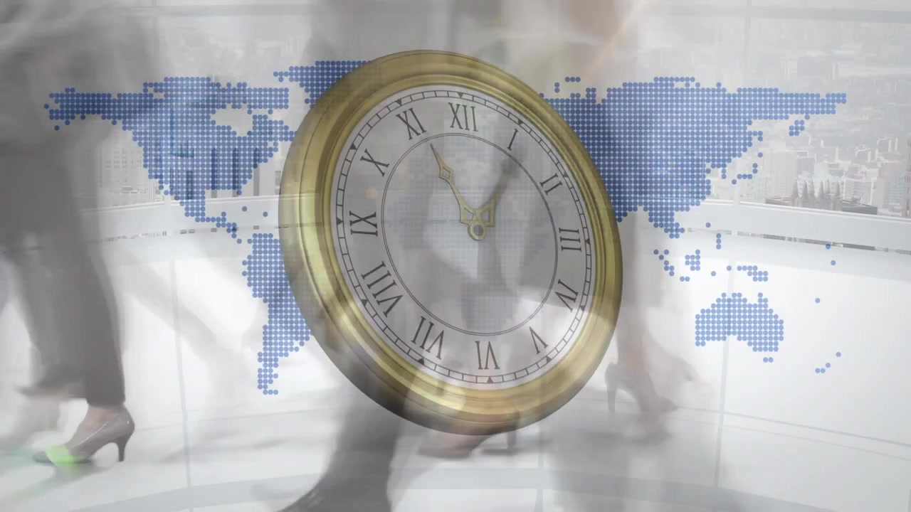 Animación de un reloj que hace tictac y un mapa mundial, con la sección inferior de gente de negocios caminando en la oficina