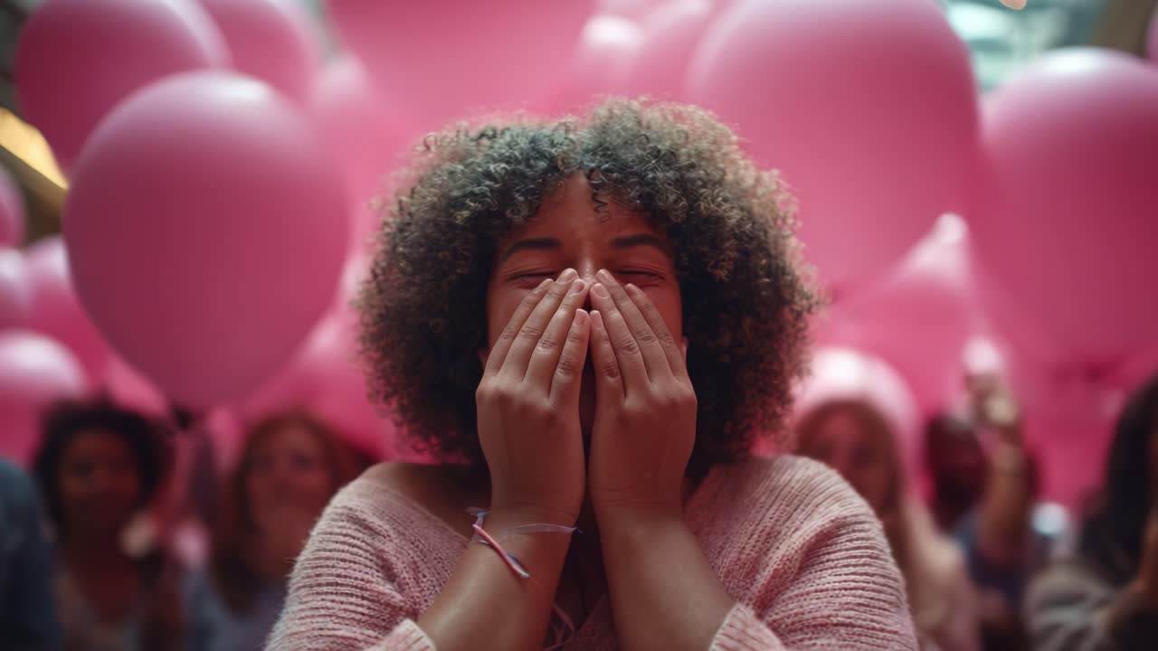 A joyous moment captured in a vibrant celebration, portraying a person expressing overwhelming happiness amidst a sea of pink balloons, surrounded by cheering friends in a lively atmosphere