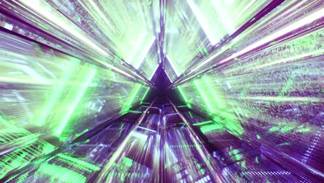 computerized motion graphics of moving into highly reflective green triangular space tunnel with light of enlightenment, 3d rendering and illustration