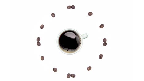 hora del café - taza de café negro y reloj de granos de café, animación de bucle sin costuras aislada sobre un fondo blanco