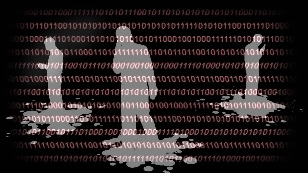 siluetas usando su teléfono móvil con un fondo de código binario