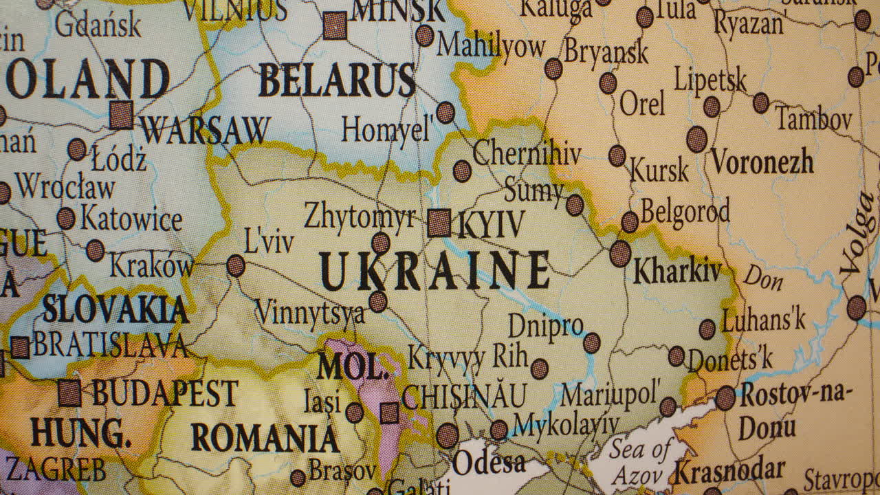 Close-up of a political map showing Ukraine and surrounding Eastern European countries
