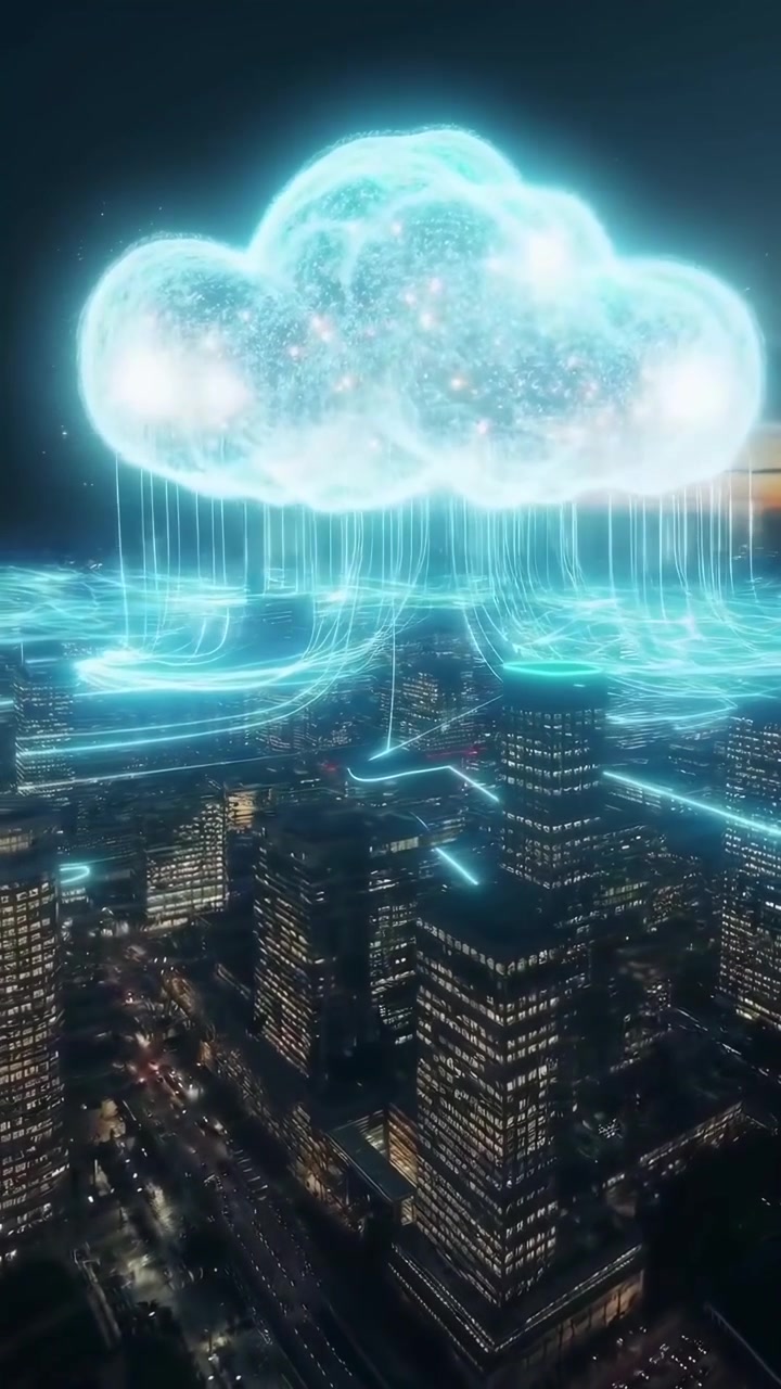 Digital Cloud Computing Network Over Modern City Skyline at Night