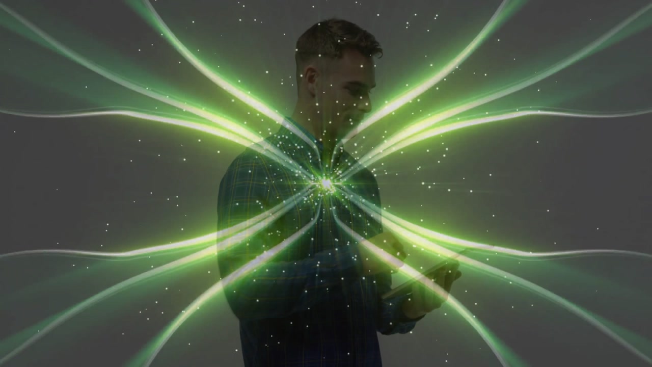 Man tapping then swiping smartphone screen and intensifying green beam animation in technology demo