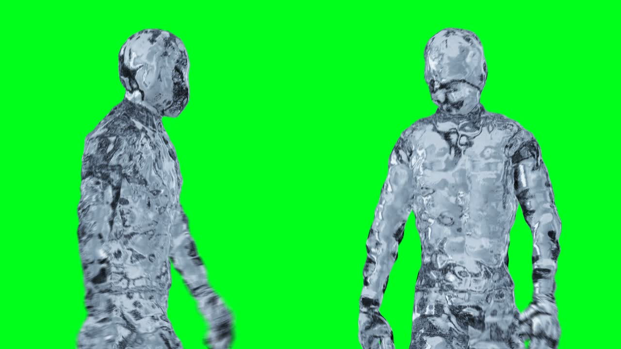 Animazione di un personaggio uomo di ghiaccio e vetro. Isolato su schermo verde.