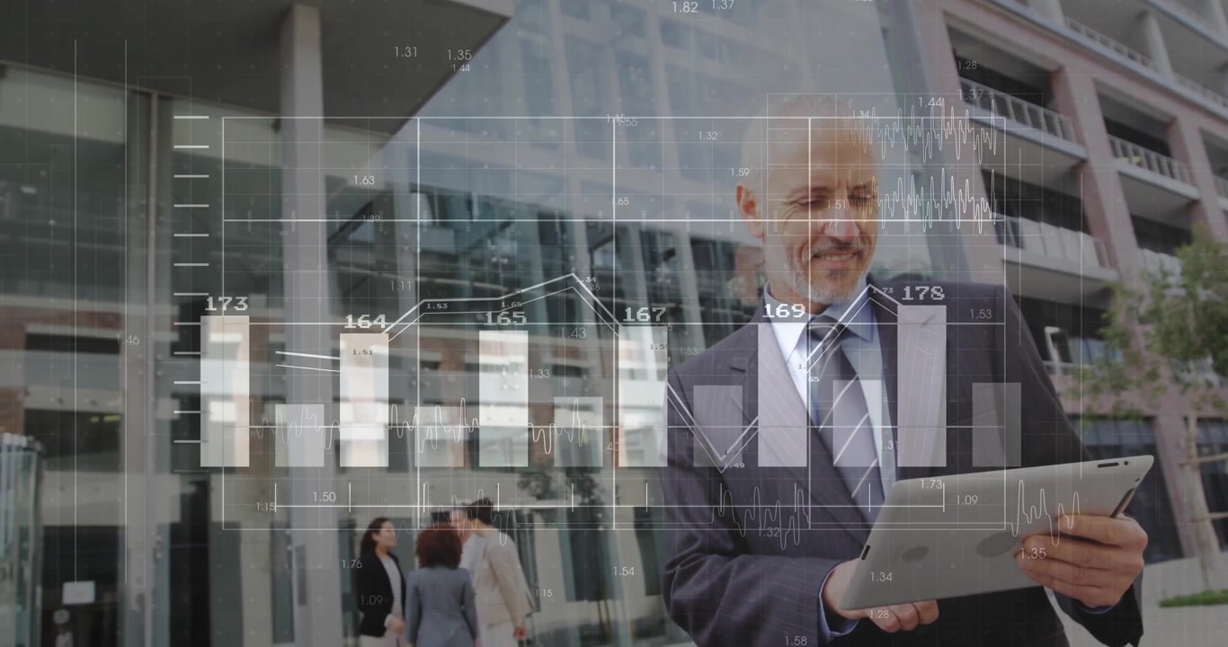 Moden profesjonell trykker på nettbrett og analyserer markedsdata med animerte søylediagrammer.