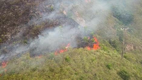 fire scene near power line. aerial circling