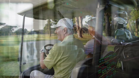 senior male golfer driving cart with companion on fairway, showing floating finance chart overlays