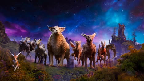 a gathering of mystical creatures under a vibrant galaxy night sky in a fantasy world