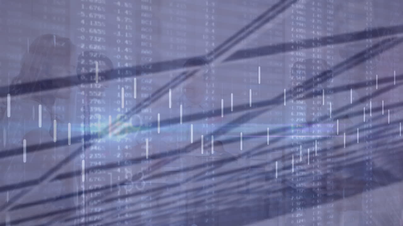 만남에서 전략을 논의하는 다민족 동료들을 가로질러 움직이는 선과 숫자의 애니메이션