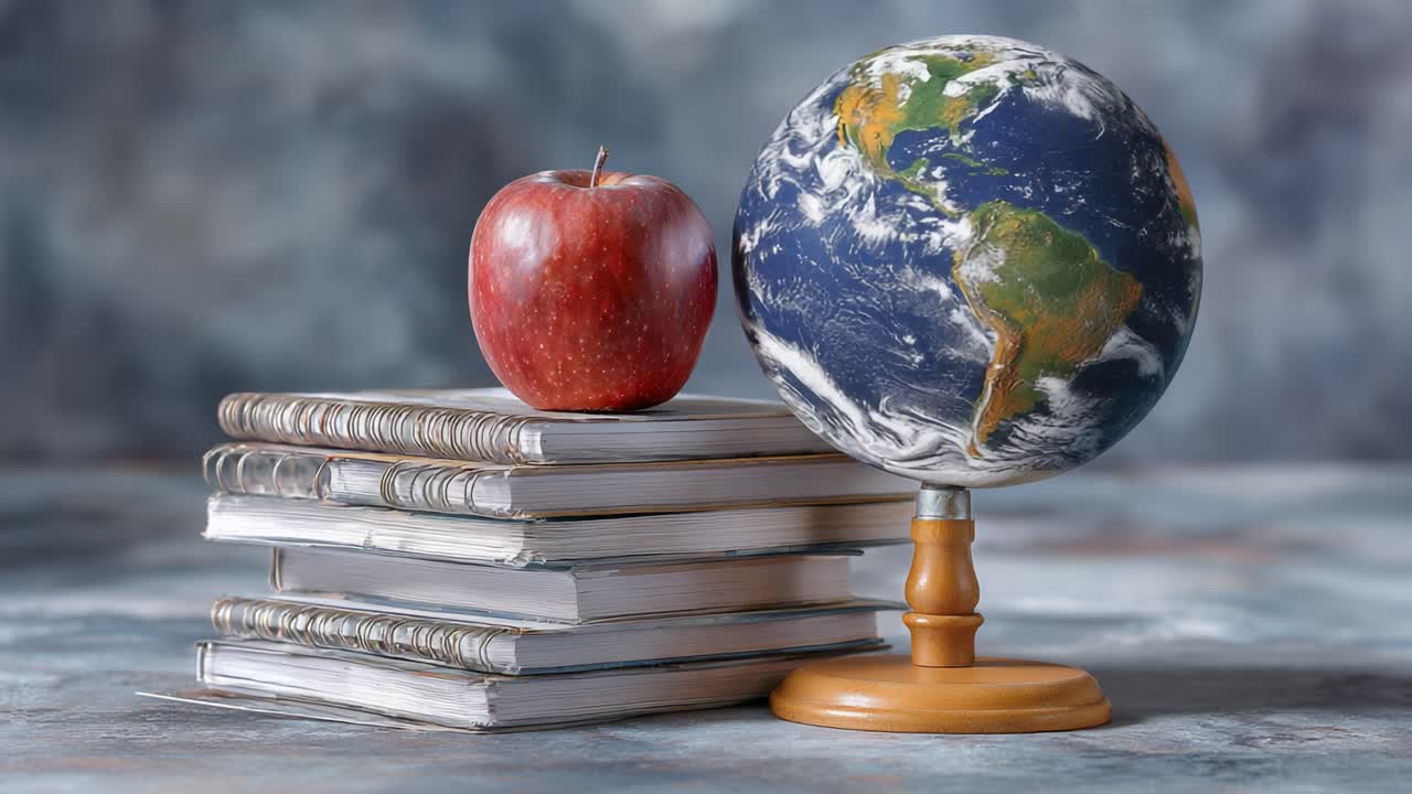 A Thoughtful Composition Featuring a Globe, an Apple, and Stacked Notebooks, Symbolizing Education and Global Awareness with a Soft, Blurred Background