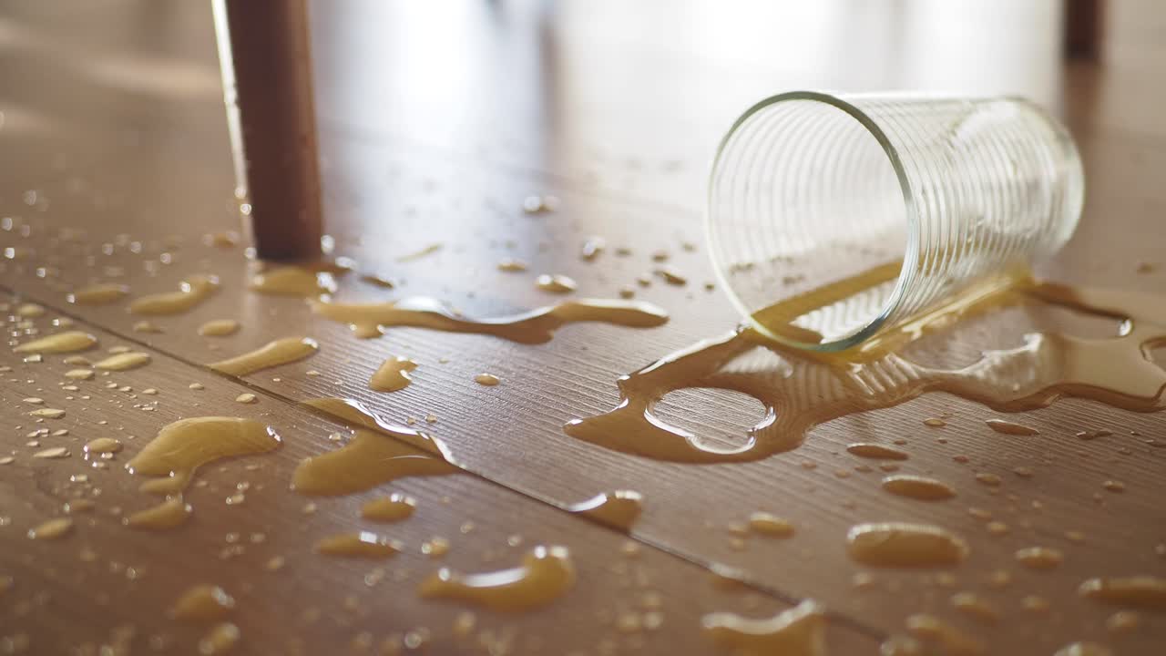 나무 바닥 에 흘린 주스 한 잔