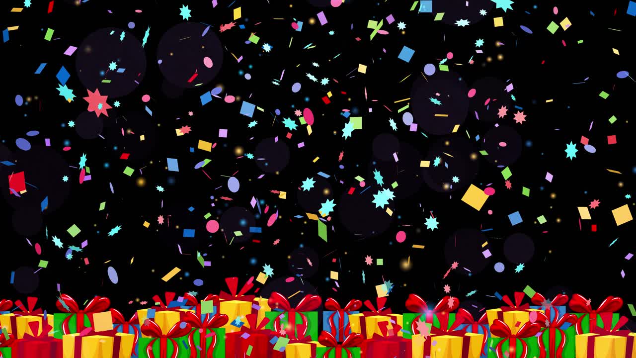 Vivaci coriandoli di carta cadono continuamente su una fila di regali colorati incartati su uno sfondo nero