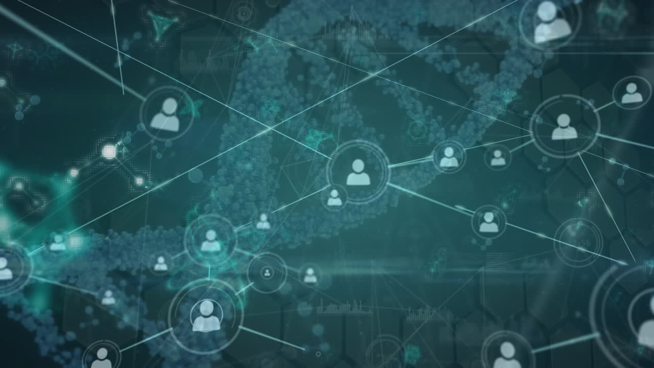 animación de la red de conexiones con iconos y cadena de adn girando sobre fondo verde.