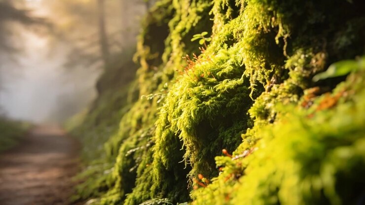 La telecamera avanza mostrando un vibrante pendio coperto di muschio sulla destra di un sentiero nel bosco, rivelando la texture del muschio.