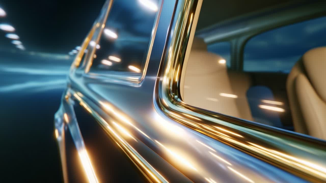 Sleek Luxury Vehicle Body Design Captured in Motion, Highlighting the Smooth Surface and Reflective Gold Accents, Set Against a Dynamic Background of Flowing Light Patterns that Enhance the Sense of Speed