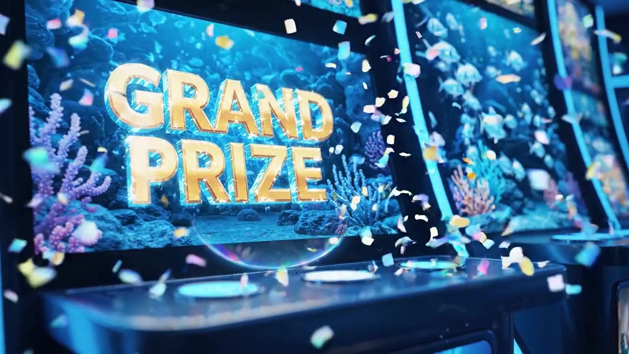 Moment palpitant à la machine à sous : gagner le grand prix entouré de coraux et d'éléments sous-marins avec des couleurs vives et des graphismes attrayants.