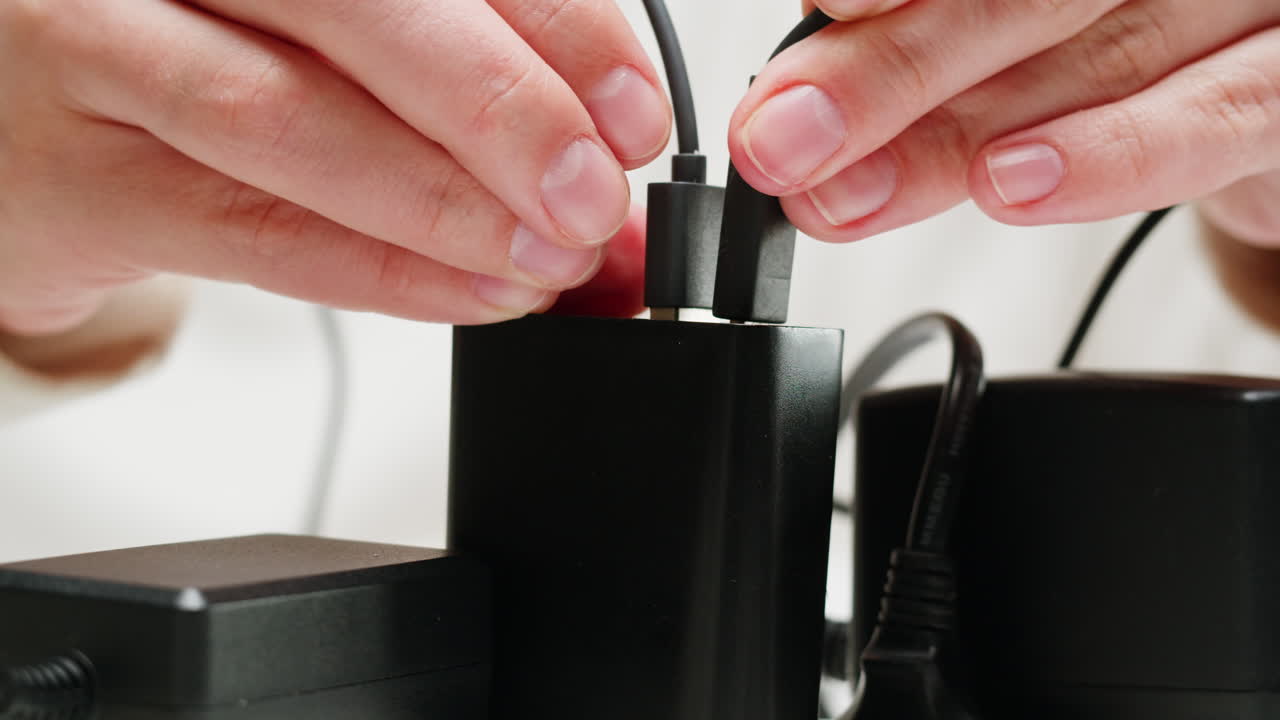 White power strip with many various of cords and cables in close-up. An extension cord with many power sockets. Adapter with phone, headphones, usb connectors.Tangled wires on table. Trying to untangle many messy cables.
