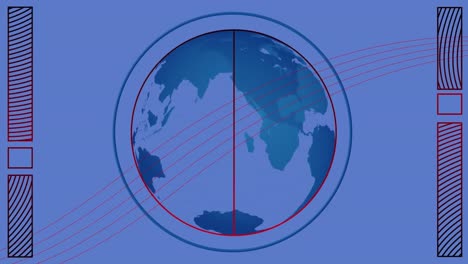 Animation-of-red-lines-over-blue-globe-and-blue-background