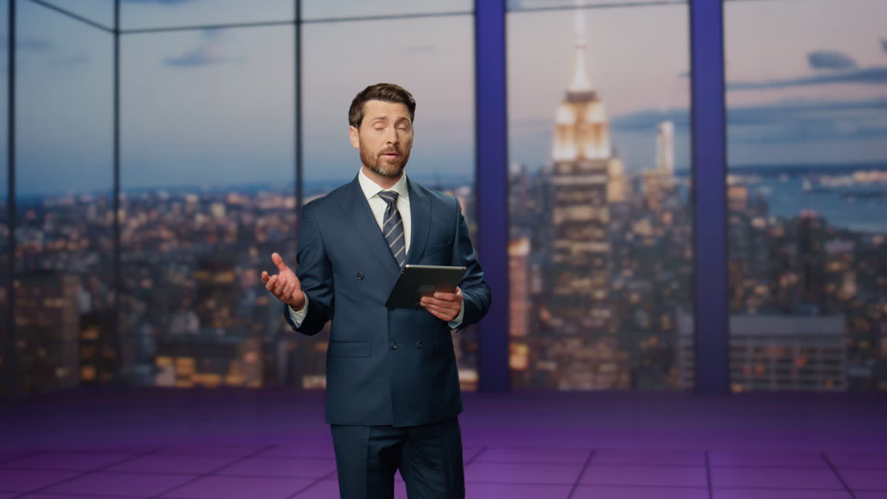 Professional television presenter start morning newscast standing modern studio.