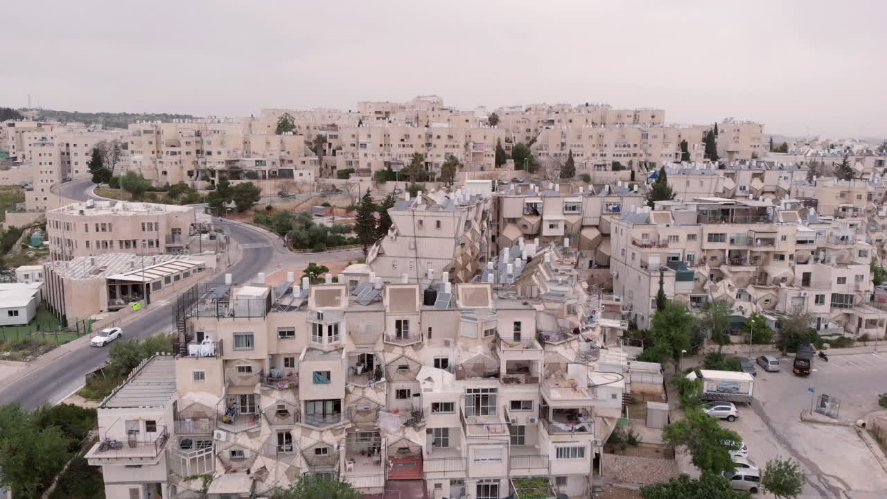 Flying over orthodox jewish neighborhood in Jerusalem