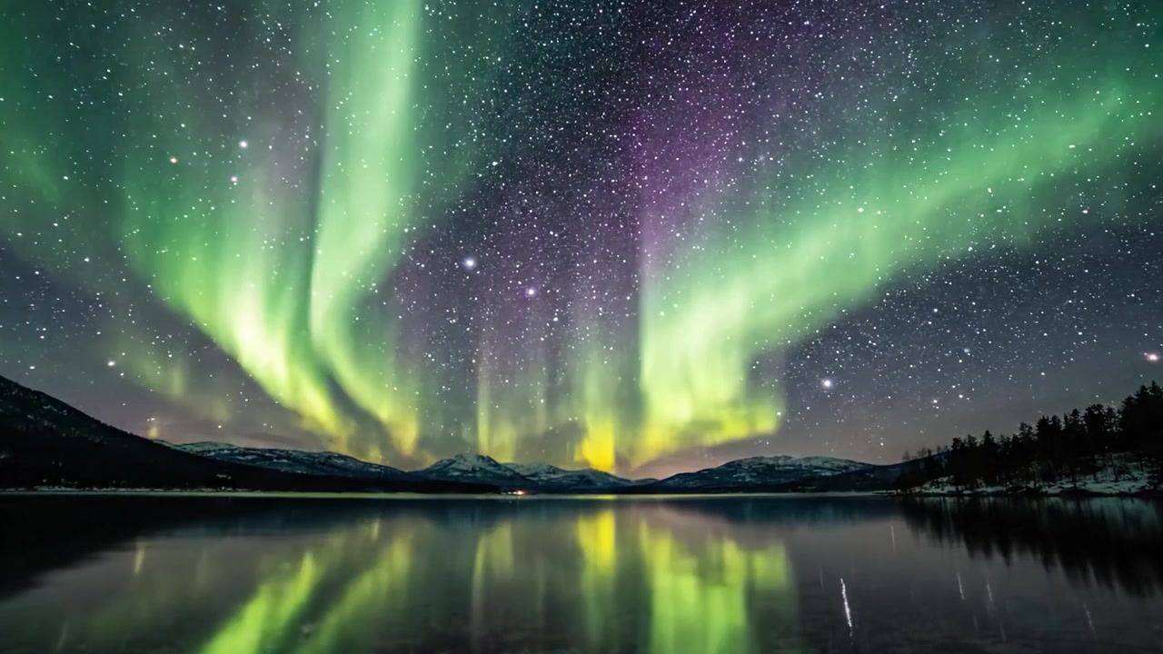 Affascinante aurora boreale illumina il cielo notturno sopra un lago calmo, creando un riflesso mozzafiato di luci verdi e viola vibranti su uno sfondo stellato.