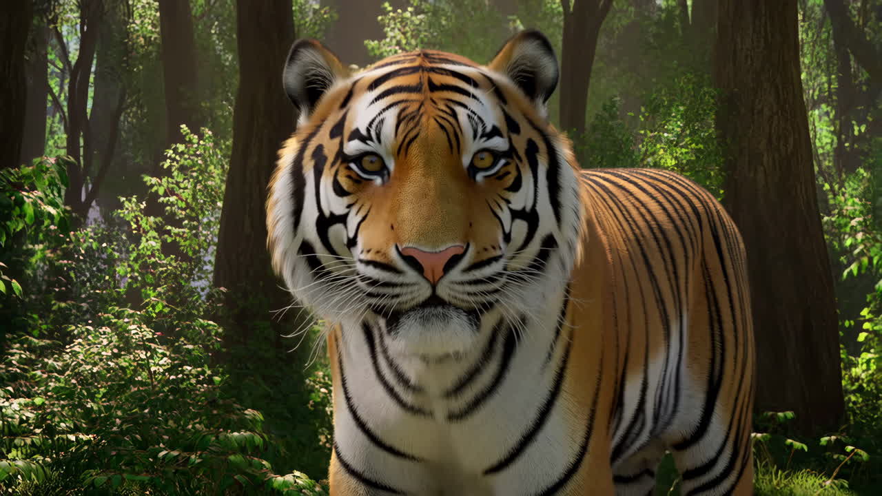 Close-up of a Tiger in a Lush Forest