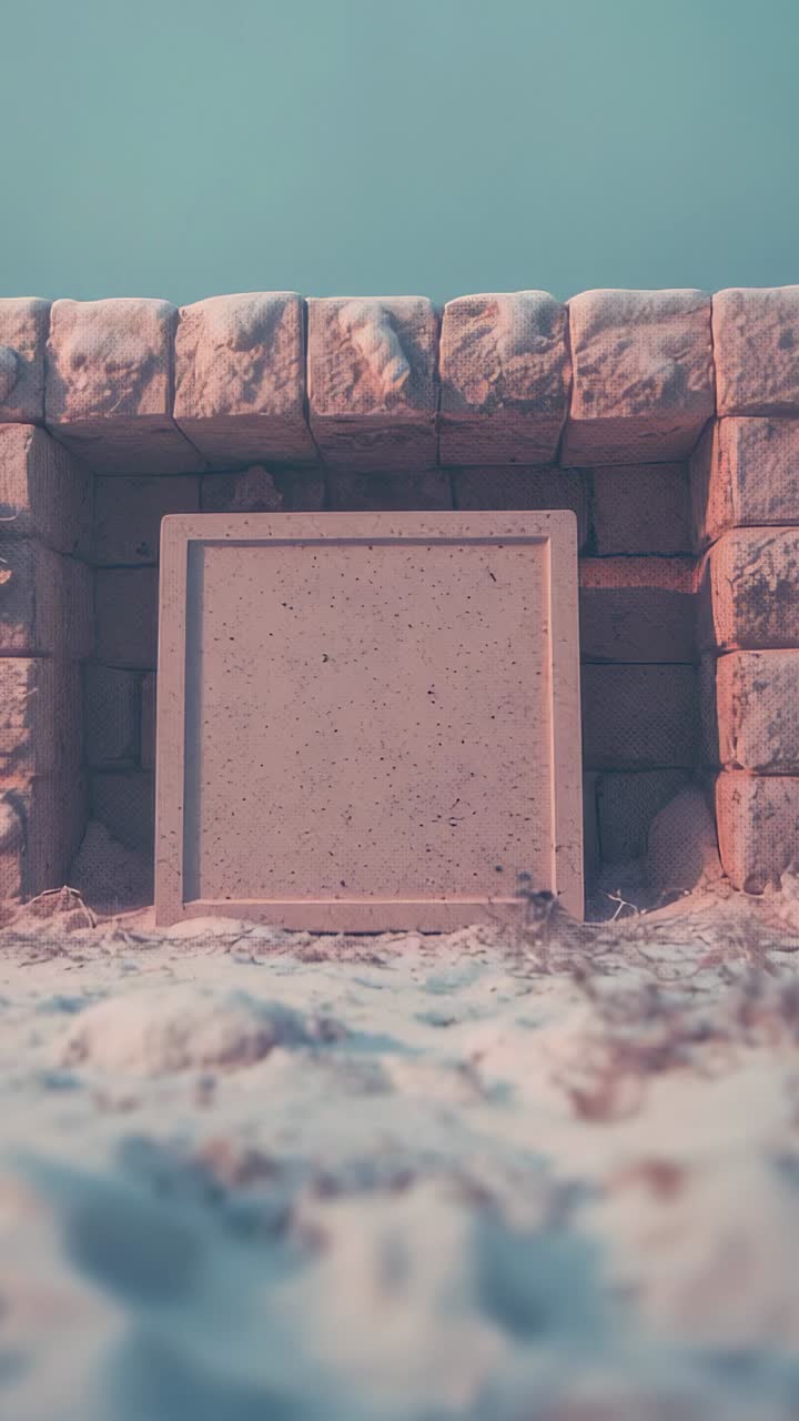 Vertical video: Maintaining camera framing square stone slab in brick niche, shifting sand grains