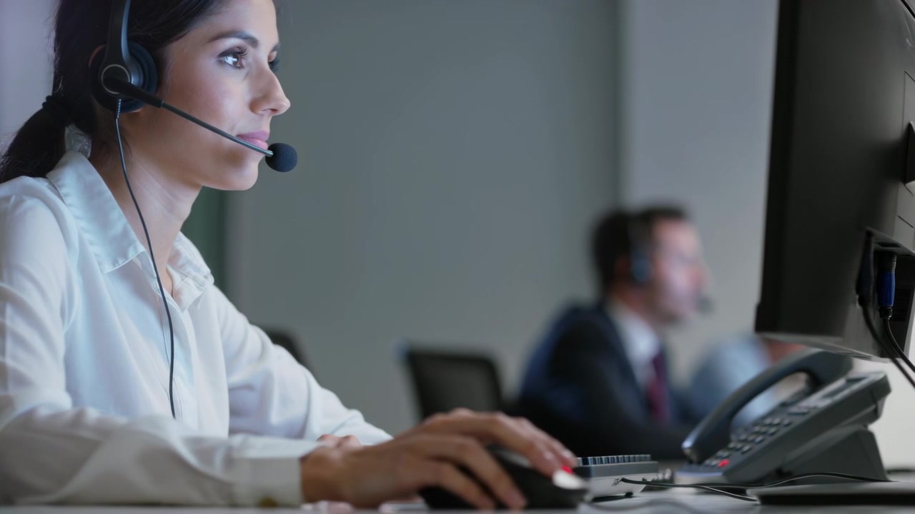 Receiving call, agent in white top with headset answering, typing, clicking, helping caller at desk