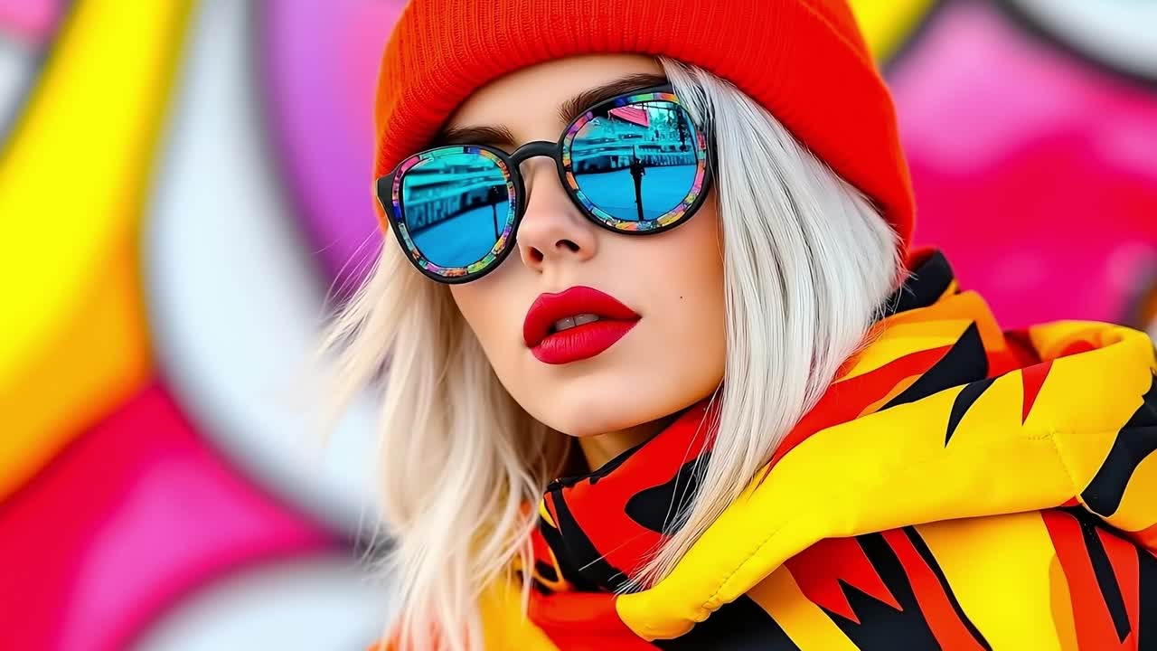 A woman wearing a red hat and sunglasses in front of a graffiti wall