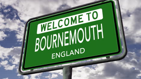 welcome to bournemouth, england, uk city road sign, realistic 3d animation