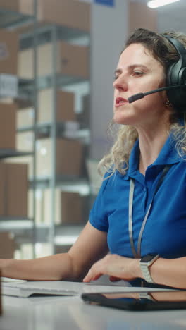 woman in a call center or warehouse setting