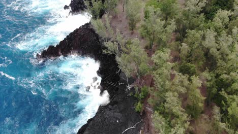 fly over of cliff with black rock and mackenzie state park forest up to the cliff edge