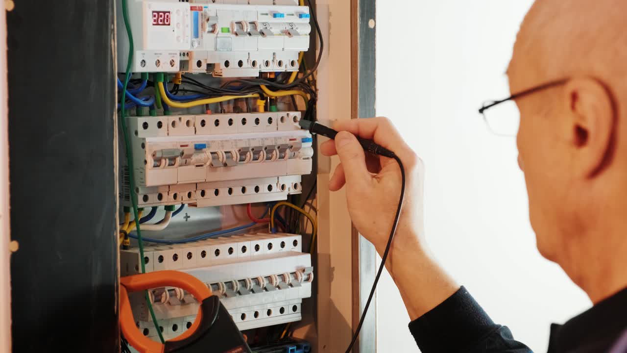 los electricistas ponen las manos a probar la corriente eléctrica en el panel de control. el ingeniero electricista trabaja midiendo el voltaje y la corriente de la línea eléctrica en el control del gabinete eléctrico.