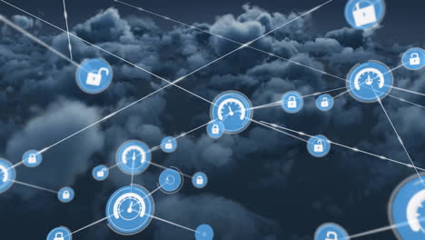 animación de una red de iconos digitales contra nubes oscuras