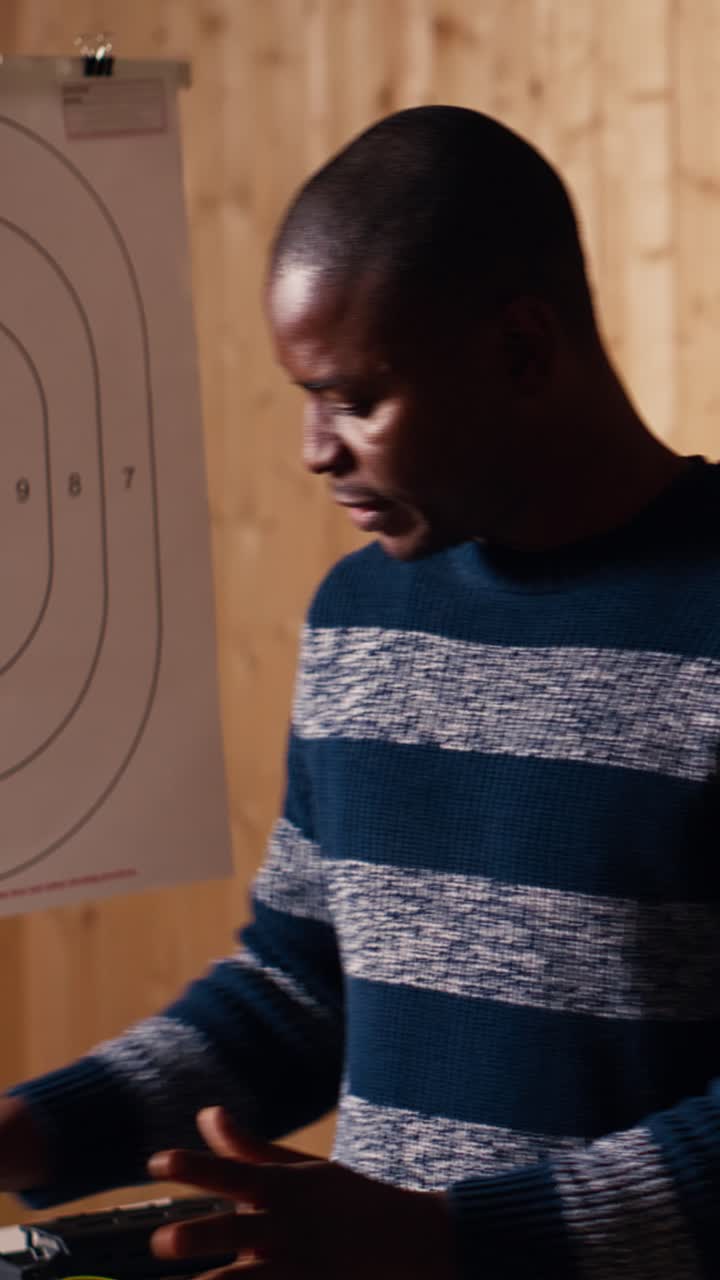 Vertical video Firing range expert welcoming clients, doing hand shake